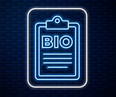 Parlayan neon hattı dokümanı, tuğla duvar arkasında izole edilmiş biyoyeşil sağlıklı yiyecek ikonu. Organik ürün. Sağlıklı yemek etiketi. Vektör.