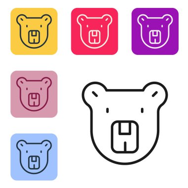 Siyah çizgi ayı başı simgesi beyaz arkaplanda izole edildi. Renkli kare düğmelerle simgeleri ayarla. Vektör.