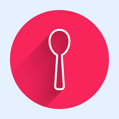 Beyaz çizgi kaşık simgesi uzun gölgeli izole edilmiş. Mutfak aletleri. Çatal bıçak seti. Kırmızı daire düğmesi. Vektör.