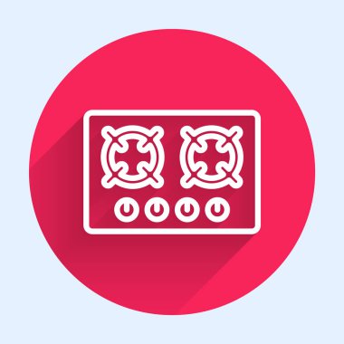 Beyaz çizgi gazlı soba ikonu uzun gölgeli izole edilmiş. Mutfak tabelaları. Dört daire ocağı olan bir hob. Kırmızı daire düğmesi. Vektör.