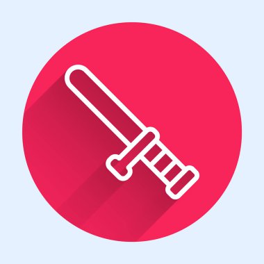 Beyaz çizgi polis kauçuk çubuk ikonu uzun gölgeli izole edildi. Kauçuk copu. Polis yarasası. Polis ekipmanları. Kırmızı daire düğmesi. Vektör.