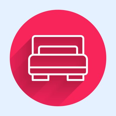 Beyaz çizgili otel odası yatak odası ikonu uzun gölgeli. Kırmızı daire düğmesi. Vektör.