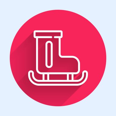 Beyaz çizgi artistik patinaj ikonu uzun gölgeli izole edilir. Buz pateni ayakkabısı ikonu. Kılıçlı spor botlar. Kırmızı daire düğmesi. Vektör.