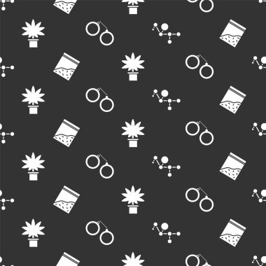 Esrar molekülü, plastik uyuşturucu torbası, esrar ya da kenevir bitkisini esrara ve kelepçeleri pürüzsüz desene ayarlayın. Vektör.