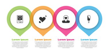 Fotoğraf çerçevelerini ve kalpleri, oklu Amour, Konum ve Dondurmayı ayarla. Ticari bilgi şablonu. Vektör.