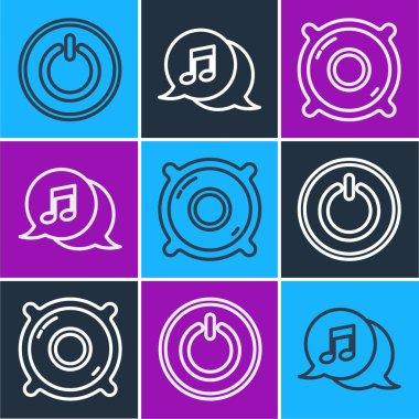 Satır Güç düğmesini, Stereo hoparlörünü ve konuşma baloncuğu simgesinde notayı ayarla. Vektör.