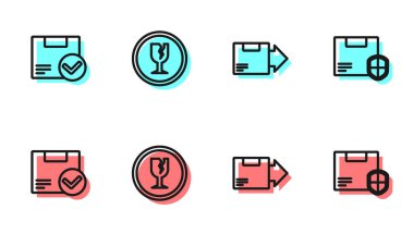 Karton karton kutu, işaretli paket, kırılgan cam ve dağıtım güvenlik kalkanı ikonu. Vektör.