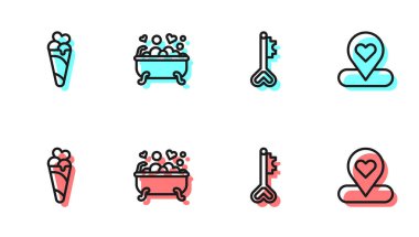 Anahtar 'ı kalp şeklinde ayarla, dondurma külahı, romantik banyo ve ikonlu yer. Vektör.