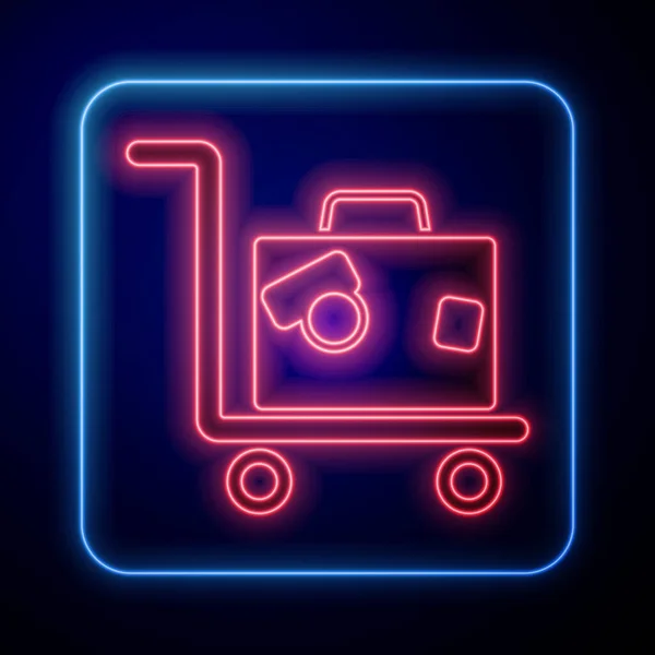 Glowing Neon Hotel Luggage Cart Suitcase Icon Isolated Blue Background — Stock Vector