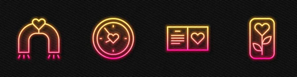 情人节系列派对传单 爱情磁铁 钟带着爱心 花儿绽放 发光的霓虹灯图标 — 图库矢量图片