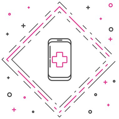 Beyaz arka planda hastane ikonuna acil durum telefonu çağrısı var. Renkli taslak konsepti. Vektör İllüstrasyonu.