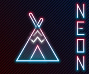 Parlayan neon hattı Geleneksel Kızılderili çadırı veya wigwam simgesi siyah arkaplanda izole. Kızılderili çadırı. Renkli taslak konsepti. Vektör.