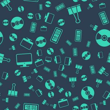 Dijital alarm saatini, Binder klipsini, Bilgisayar monitörü ekranını ve CD veya DVD diskini pürüzsüz desen üzerinde ayarla. Vektör.