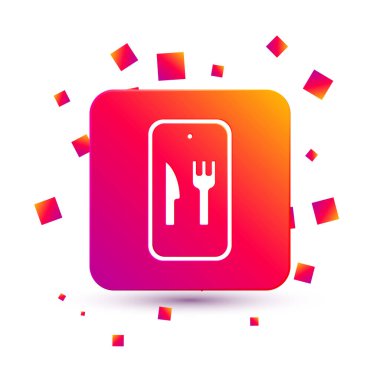 White Online sipariş ve fast food dağıtım ikonu beyaz arka planda izole edildi. Burger tabelası. Kare renk düğmesi. Vektör.