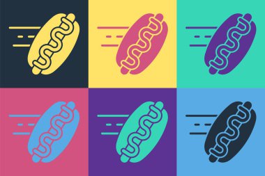 Pop Art Online sipariş ve sosisli sandviç ikonu renkli arka planda izole edilmiş. Sosis ikonu. Fast food burcu. Vektör.