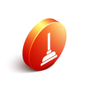 Beyaz arka planda izole edilmiş boru temizleme ikonu için ahşap saplı Isometric Lastik pompa. Tuvalet pompası. Turuncu daire düğmesi. Vektör.