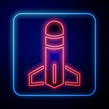 Parlayan neon roket simgesi mavi arkaplanda izole edildi. Vektör.
