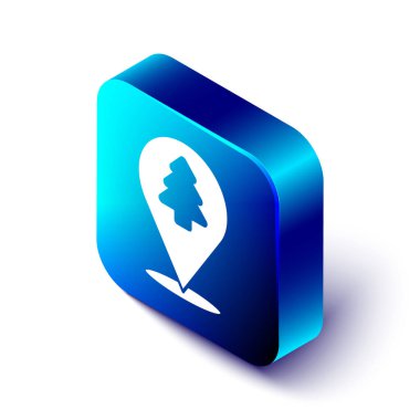 Ormanın beyaz arkaplanda izole edilmiş bir harita simgesi üzerindeki Isometric konumu. Mavi kare düğme. Vektör.