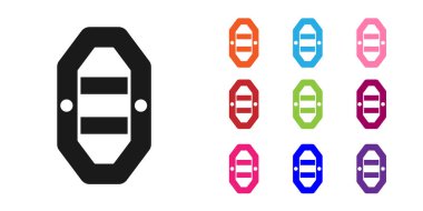 Siyah Rafting tekne simgesi beyaz arka planda izole edildi. Kürekleri olan şişme bir tekne. Su sporları, ekstrem sporlar, tatil, tatil. Simgeleri renklendirin. Vektör.