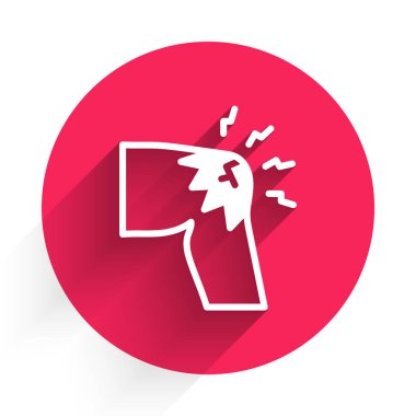 Beyaz eklem ağrısı, diz ağrısı ikonu uzun gölgelerle izole edilmiş. Ortopedik sağlık. Eklem ve kemik hastalıkları, eklem iltihabı. Kırmızı daire düğmesi. Vektör.