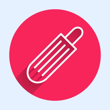 Uzun gölgeli beyaz çizgili Fransız sosisli ikonu. Sosis ikonu. Fast food burcu. Kırmızı daire düğmesi. Vektör İllüstrasyonu.