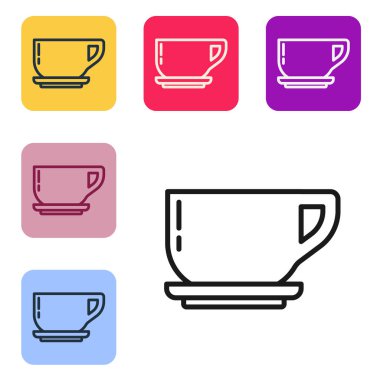 Siyah çizgi kahve fincanı simgesi beyaz arkaplanda izole edilmiş. Çay fincanı. Sıcak içecek kahvesi. Renkli kare düğmelerle simgeleri ayarla. Vektör İllüstrasyonu.