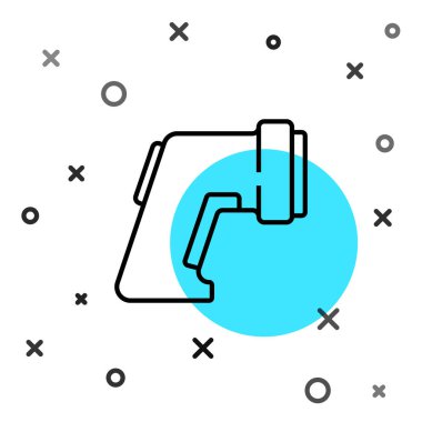 Beyaz zemin üzerinde kızılötesi ışık ikonu olan siyah çizgi dijital temassız termometre. Rastgele dinamik şekiller. Vektör.