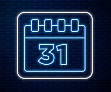 Cadılar Bayramı tarihi 31 Ekim olan parlak neon çizgisi takvimi tuğla duvar arkasında izole edilmiş. Mutlu Cadılar Bayramı Partisi. Vektör.