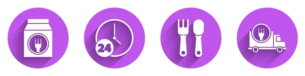 Set Online Ordering Delivery Clock Hours Fork Spoon Fast Delivery — Stock Vector