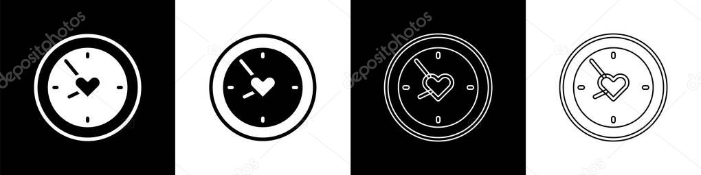 Set Clock with heart icon isolated on black and white background. Valentines day. Love symbol. Vector. vector Set Clock with heart icon isolated on black and white background. Valentines day. Love symbol. Vector. vector