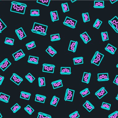 Çizgi dizüstü bilgisayar ve dişli simgesi siyah arkaplanda izole edilmiş. Uygulama ayarlanıyor, seçenekler ayarlanıyor, bakım, onarım, onarım. Vektör İllüstrasyonu.