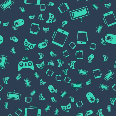 Grafik tableti, klavye, kablosuz oyun sahası ve kablosuz bilgisayar faresini dikişsiz desene ayarlayın. Vektör.