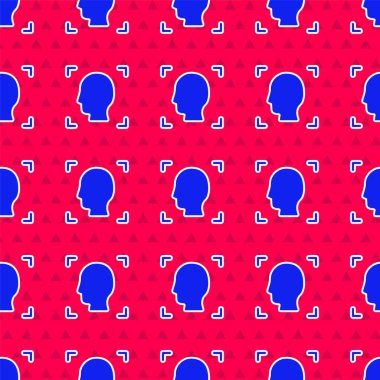 Mavi Yüz tanımlama simgesi kırmızı arkaplanda izole edilmiş pürüzsüz desen. Yüz tanımlama simgesi. Yüz tanıma. Siber güvenlik kavramı. Vektör.