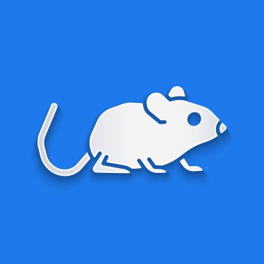 Kağıt kesiği Fare simgesi mavi arkaplanda izole edildi. Fare işareti. Hayvan sembolü. Kağıt sanatı tarzı. Vektör.