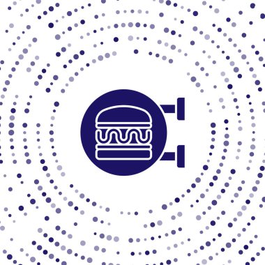 Mavi Çevrimiçi sipariş ve hamburger dağıtım ikonu beyaz arka planda izole edildi. Soyut çember rastgele noktalar. Vektör.