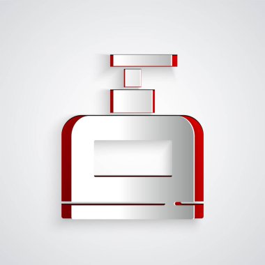 Kağıt kesiği şampuan şişesi gri arka planda izole edilmiş. Kağıt sanatı tarzı. Vektör.