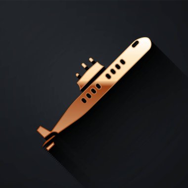 Siyah arka planda izole edilmiş altın denizaltı ikonu. Askeri gemi. Uzun gölge tarzı. Vektör.