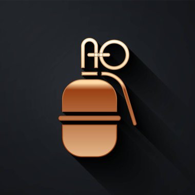 Altın El bombası ikonu siyah arkaplanda izole edildi. Bomba patlaması. Uzun gölge tarzı. Vektör.
