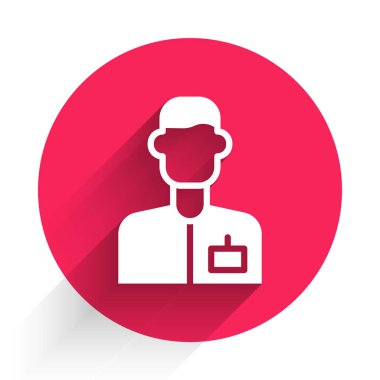 Beyaz Analizci mühendis ikonu uzun gölge arkaplanı ile izole edildi. Kırmızı daire düğmesi. Vektör