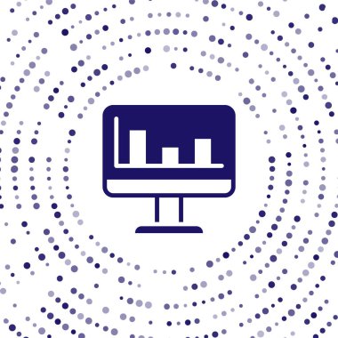 Beyaz arkaplanda izole edilmiş grafik grafik simgesi olan mavi bilgisayar monitörü. Metin dosyasını rapor et. Muhasebe tabelası. Denetim, analiz, planlama. Soyut çember rastgele noktalar. Vektör