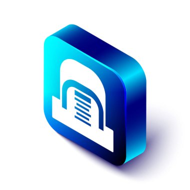 Beyaz arkaplanda sunucu simgesine sahip Isometric Hangar. Sunucu, Data, Web Sunucusu. Mavi kare düğme. Vektör