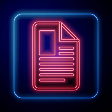 Parlayan neon dosya belgesi simgesi mavi arkaplanda izole edildi. Kontrol listesi simgesi. İş konsepti. Vektör