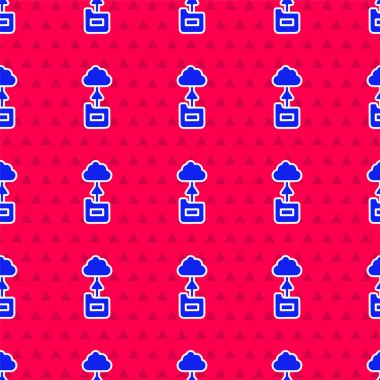 Mavi Bulut teknoloji veri transferi ve depolama simgesi kırmızı arka planda izole edilmiş. Vektör