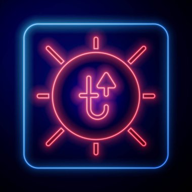 Parlayan neon güneş simgesi mavi arkaplanda izole edildi. Yaz sembolü. Güneşli bir gün. Vektör.