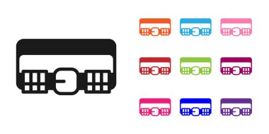 Siyah Av kartuş kemeri beyaz arka planda izole edilmiş kartuş simgesi. İşaret fişeği. Avcı teçhizatı, silah. Simgeleri renklendirin. Vektör.