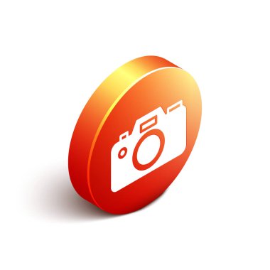 Beyaz arkaplanda izole edilmiş Isometric Fotoğraf Kamerası simgesi. Fotoğraf makinesi simgesi. Turuncu daire düğmesi. Vektör.