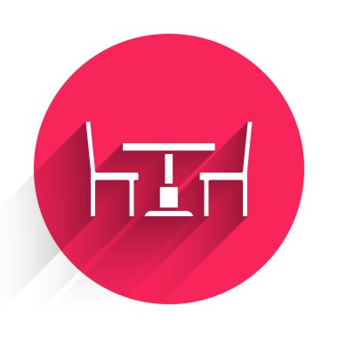 Uzun gölgeli, sandalye simgesi olan beyaz ahşap masa. Kırmızı daire düğmesi. Vektör.