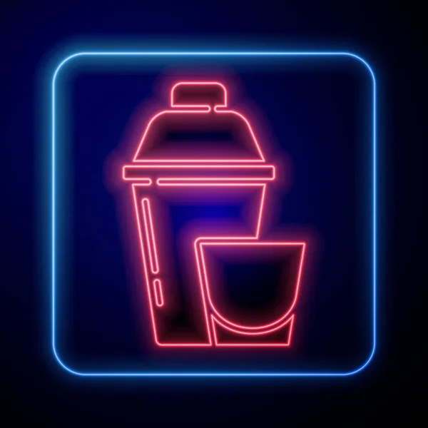 Leuchtender Neonfarbener Cocktailshaker Mit Cocktailglassymbol Auf Blauem Hintergrund Vektor — Stockvektor