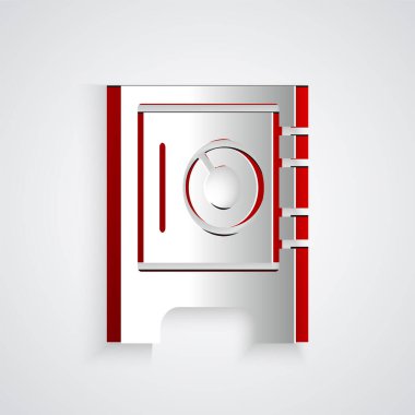 Kağıt kesiği Gri zemin üzerinde güvenli simge izole. Kapı, şifreli bir banka kasası. Güvenilir Veri Koruma. Kağıt sanatı tarzı. Vektör.