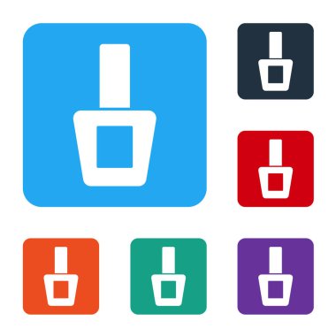 Beyaz arka planda beyaz tırnak cilası ikonu var. Renkli kare düğmelerle simgeleri ayarla. Vektör.